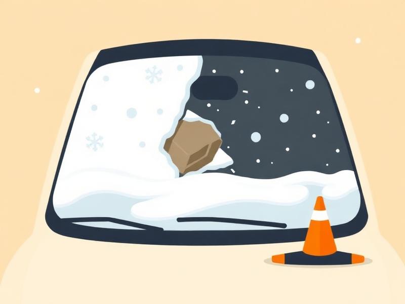 Snow and ice covering a windshield with a rock chip